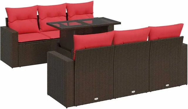 vidaXL 7-teilige Garten-Sofagarnitur aus Akazie und braunem Poly-Rattan mit Kissen - Bild 1
