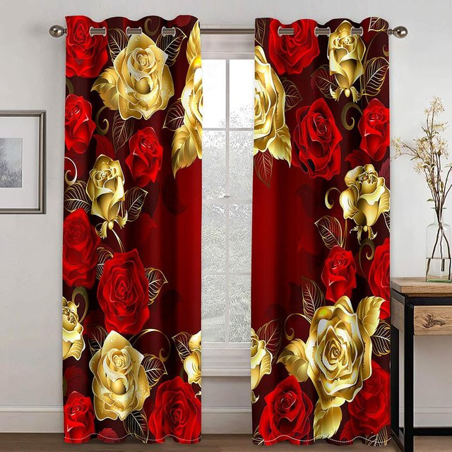 Yiran Furniture Luxus Vorhänge mit goldenem Rosen- und Schmetterlingsmuster, 2er-Set, semi-transparent, Farbe: Gold und Rot, Breite: 50 cm, Höhe: 60 cm - Bild 1