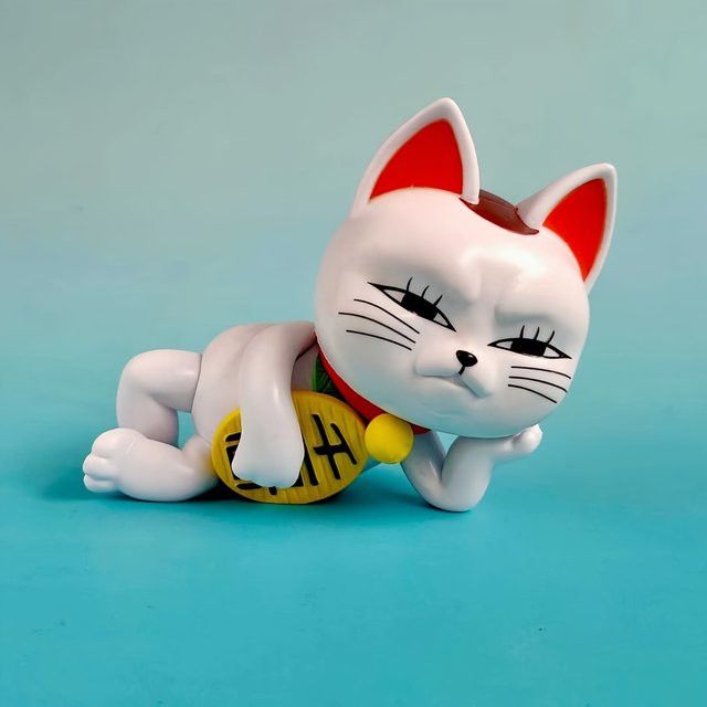 Mairuige Maneki Neko Anime-Figuren-Set, liegende Glückskatze in Beige und Weiß als Deko-Ornament für Auto und Schlafzimmer - Bild 1