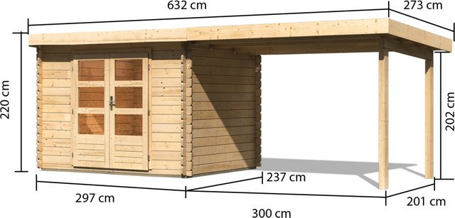 Gartenhaus Holz BASTRUP 3 in Naturbelassen mit 300 m2 Anbaudach, Blockbohlenhaus B/T/H: 297 x 237 cm, 28 mm Wandstärke - Bild 1