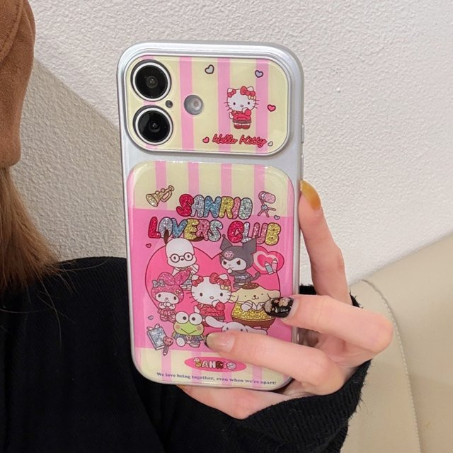 Sanrio Kuromi und Hello Kitty Glitzer-Handyhülle mit Kamera-Touch-Taste und Linsenschutz für Apple iPhone 17 16 15 14 ProMax in Pink - Bild 1
