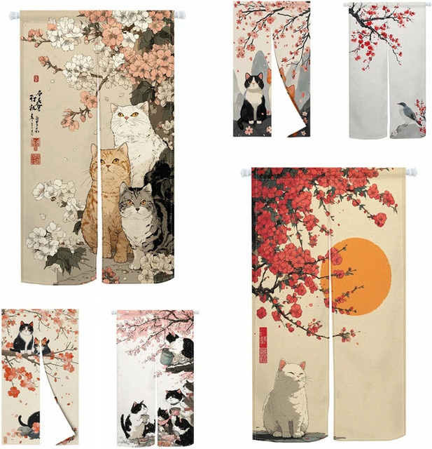 VIKAMA Japanischer Ukiyo-e Katzen-Türvorhang im Kirschblüten-Stil, Mehrfarbig, Breite: 90,0 cm, Höhe: 65,0 cm - Bild 1