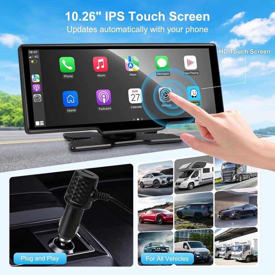 Srnubi 10,26 Zoll Carplay und Android Auto Monitor mit 4K Dashcam, Multimedia Player und Rückfahrkamera in Schwarz - Bild 2