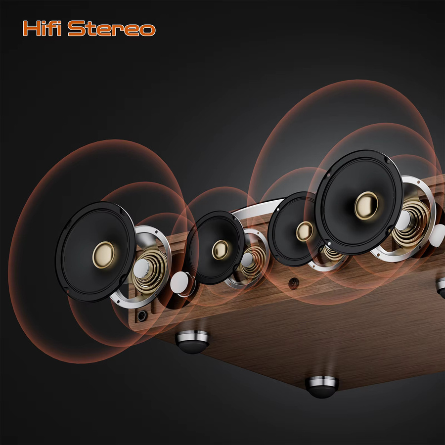 XJ-HOME XJ-H03 Bluetooth-Schallplattenspieler mit Riemenantrieb und 4 integrierten Stereo-Lautsprechern in Braun mit RCA Line Out und AUX-Eingang - Bild 3