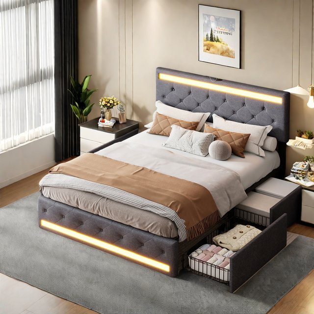 Rosahqnda Polsterbett aus Leinen in Grau mit LED-Beleuchtung, USB-Anschluss und 4 Schubladen, B/T: 140 x 200 cm - Bild 1