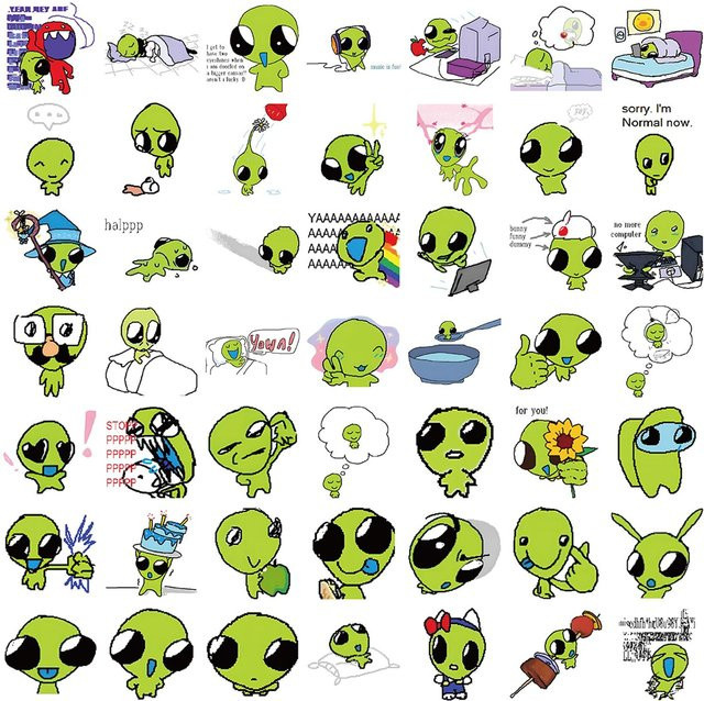52 Stück Grüne Alien-Aufkleber von Binchi Outdoor Product aus wasserfestem PVC mit skurrilen Designs für Laptops, Wasserflaschen und Skateboards - Bild 1