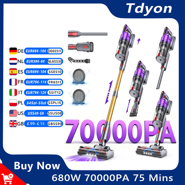 Tdyon Nova Akku-Staubsauger in Lila mit 680W Leistung, 70000PA Saugkraft und herausnehmbarem Akku für bis zu 75 Minuten Laufzeit - Bild 1
