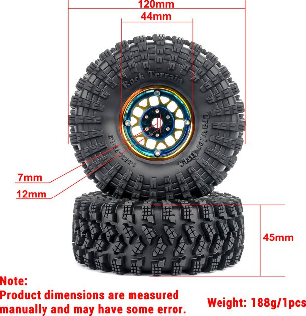 PYFORE Kletterreifen Metallradnabe, 1,9 Zoll, 120 x 45 mm, Sechskantadapter 12 mm, für 1/10 RC Modellauto Crawler Zubehör - Bild 1