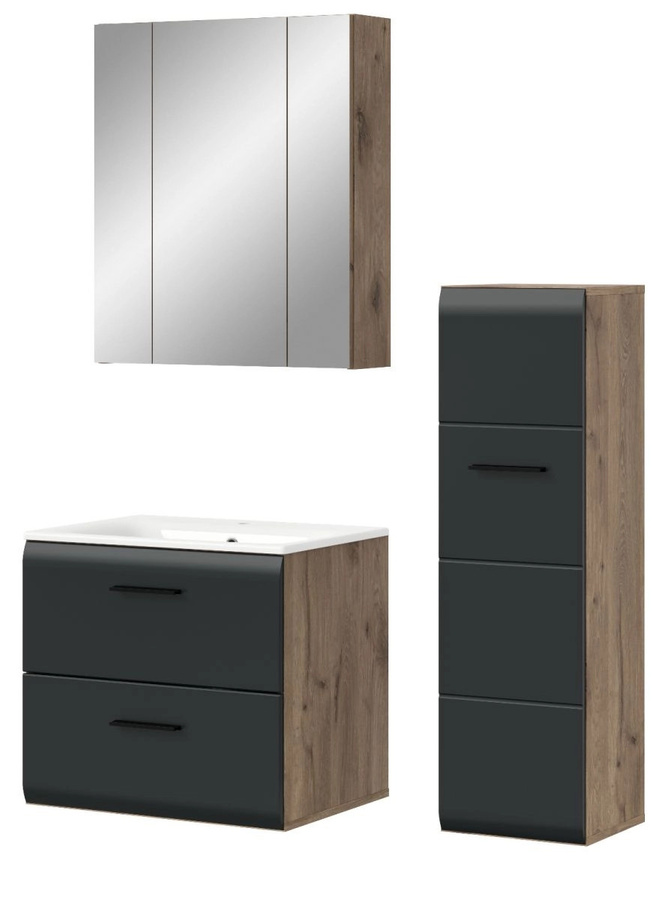 Badmöbel Set Cover 3-teilig in Schwarz und Eiche mit Waschtischunterschrank, Spiegelschrank mit LED-Beleuchtung und Seitenschrank, Breite: 105 cm - Bild 2