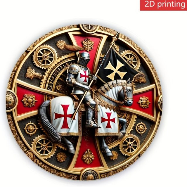 Potdemiel Vintage Metallwandkunst Rund mit Templer-Motiv Ritter und Kreuz, Mehrfarbig, Durchmesser: 20,32 cm - Bild 1