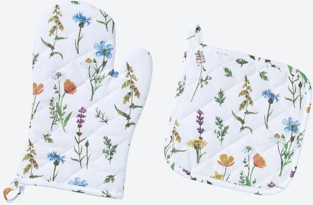 NKD Küchen-Handschuh und Topflappen-Set mit Blumendesign aus Baumwolle, 2-teilig, Weiß/Mehrfarbig - Bild 1