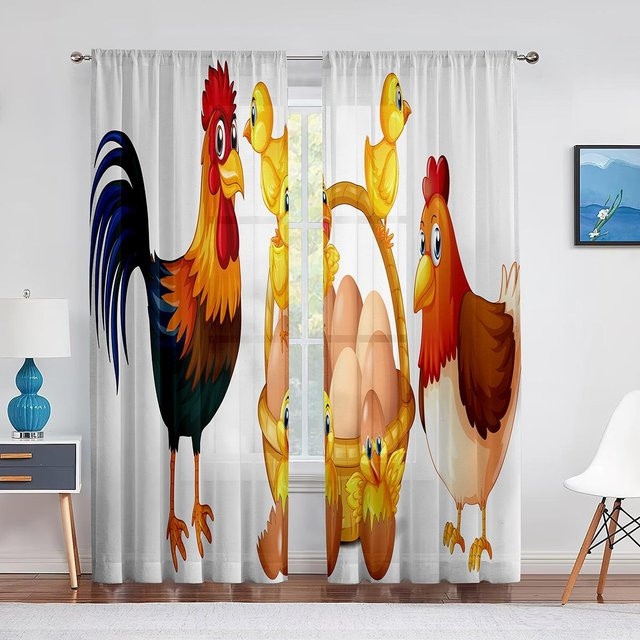 Transparentes Chiffon-Fenstervorhang mit Cartoon Huhn und Küken Motiv, Weiß, Breite: 100 cm, Höhe: 250 cm - Bild 1