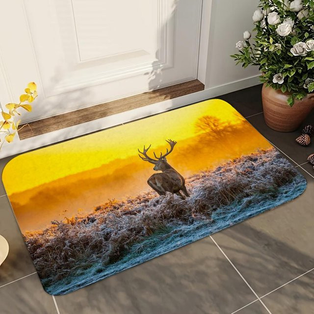 MINISO Rutschfeste Badezimmer Matte mit Hirsch-Wald-Motiv, B/B: 100 x 150 cm, Mehrfarbig - Bild 1