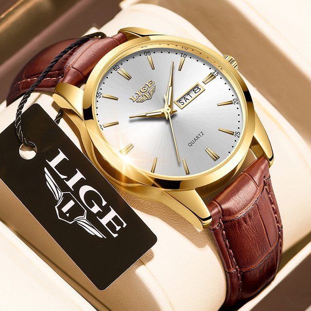 LIGE Armbanduhr Chronograph, Quarz, Leder, Gold, Herren - Bild 1