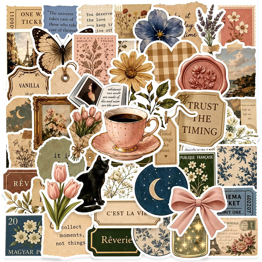 50 Stück Vintage-Aufkleber mit Blumen-Motiven in Multicolour für DIY-Dekorationen wie Laptop, Telefon oder Tagebuch - Bild 2