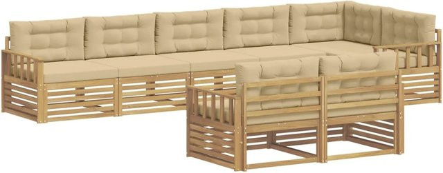 vidaXL Outdoor-Sofagarnitur in L-Form aus Akazienholz mit 8-teiligem Set in Weiß und Beige aus UV-beständigem Polyester - Bild 1