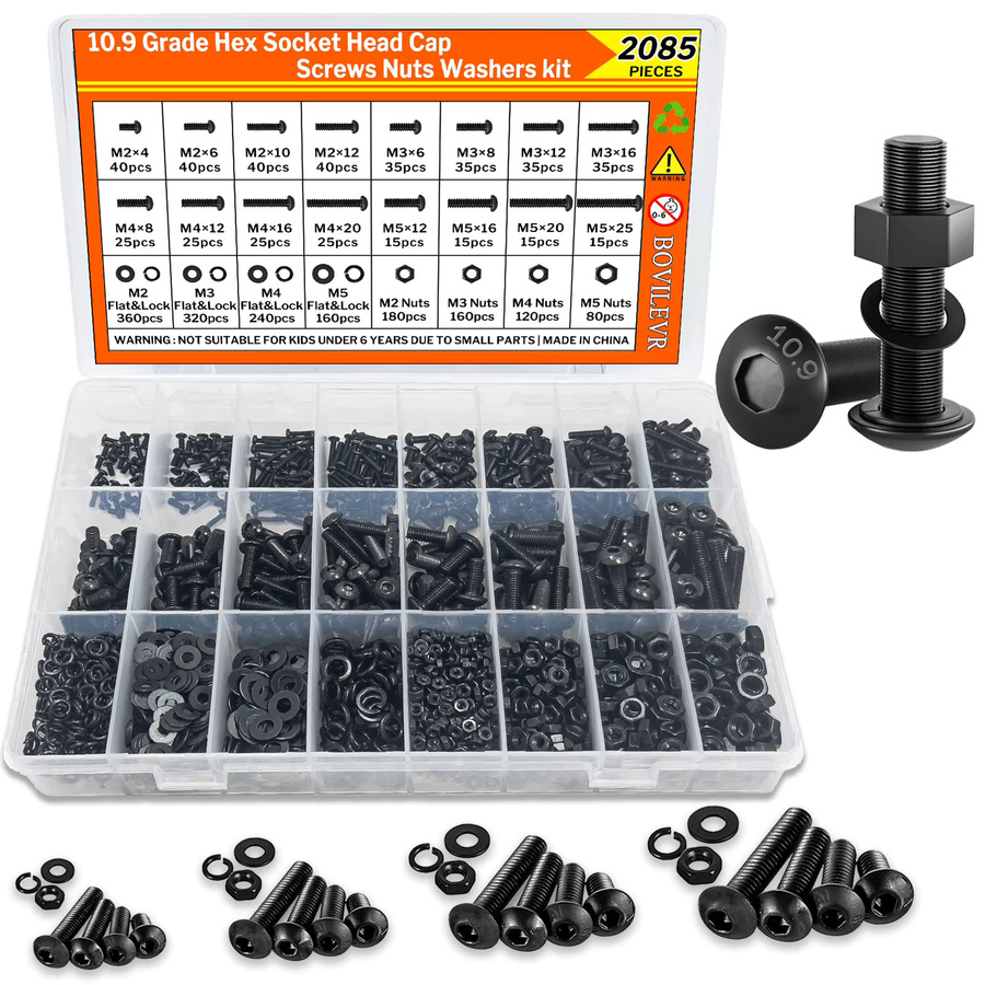 BOVILEVR Schrauben Mutter Unterlegscheibe Set aus legiertem Stahl mit 2085 Teilen, metrisches Sortiment M2-M5 mit Sechskant- und Halbrundkopf-Maschinenschrauben - Bild 4
