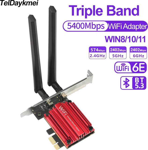 TelDaykemei WiFi 6E Triple Band PCIe Netzwerkkarte mit Bluetooth 5.3 und RTL8852CE Chip für Desktop-PC, 5374 Mbit/s, kompatibel mit Windows 10/11 - Bild 1