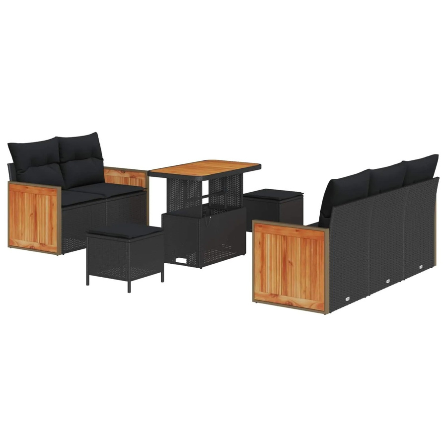 vidaXL Gartensofa-Set Schwarz mit 8 Kissen aus Poly-Rattan und pulverbeschichtetem Stahl inklusive Tisch und Hockern - Bild 2