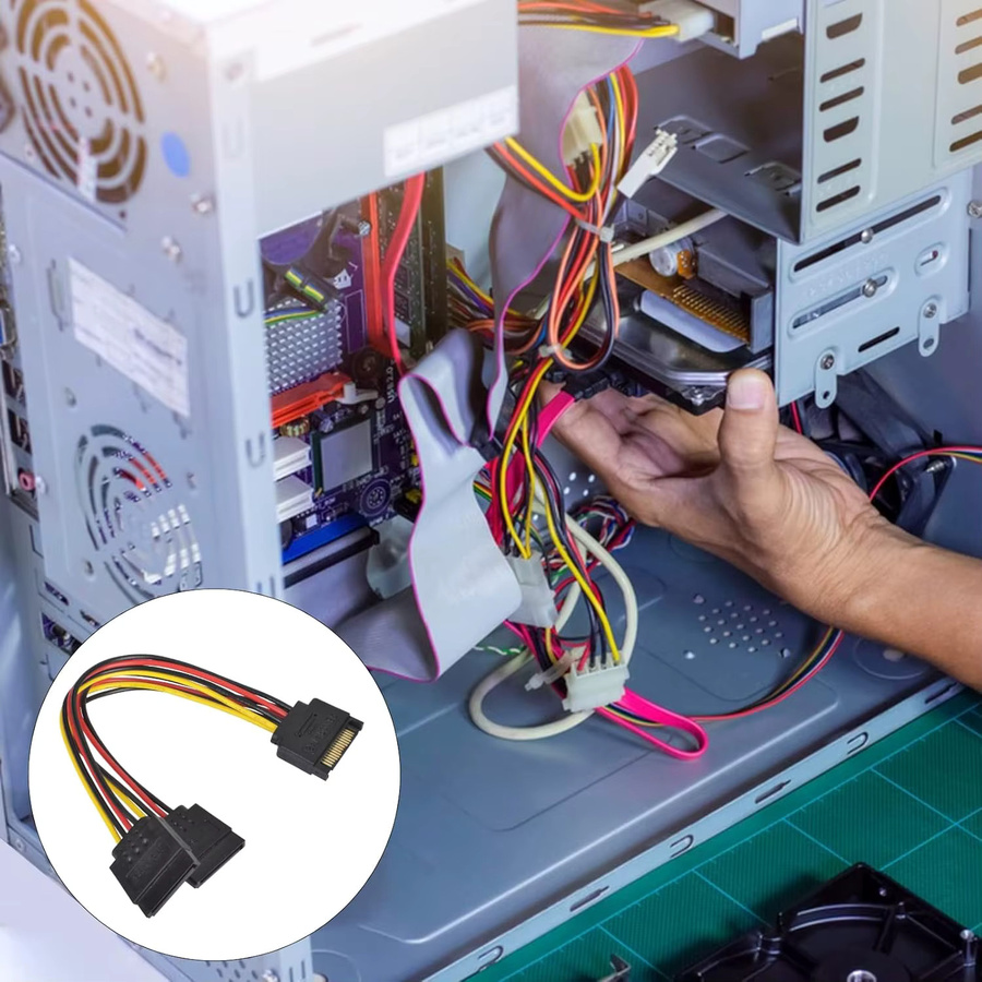 Congdi SATA Y-Splitter-Kabel: 15-poliger Stecker auf zwei 15-polige Buchsen, Hochgeschwindigkeits-Stromadapter für HDD und SSD, Schwarz - Bild 2