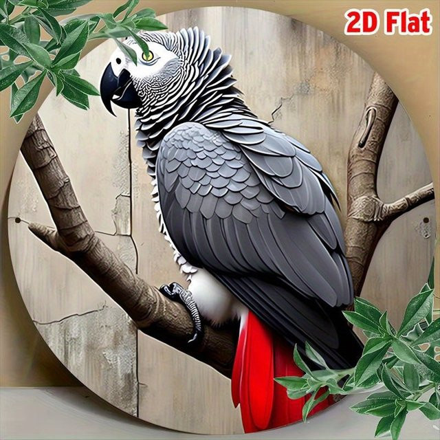 Potdemiel Aluminium-Wandkunst Majestic African Grey Parrot mit grünen Blättern, runde Metall-Wanddekoration, Durchmesser: 20,32 cm - Bild 1