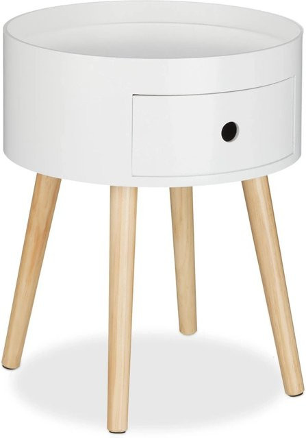 Relaxdays Beistelltisch aus MDF und Kiefernholz in Weiß mit Schublade im skandinavischen Design, B: 46 cm, T: 38 cm, H: 8 cm - Bild 1