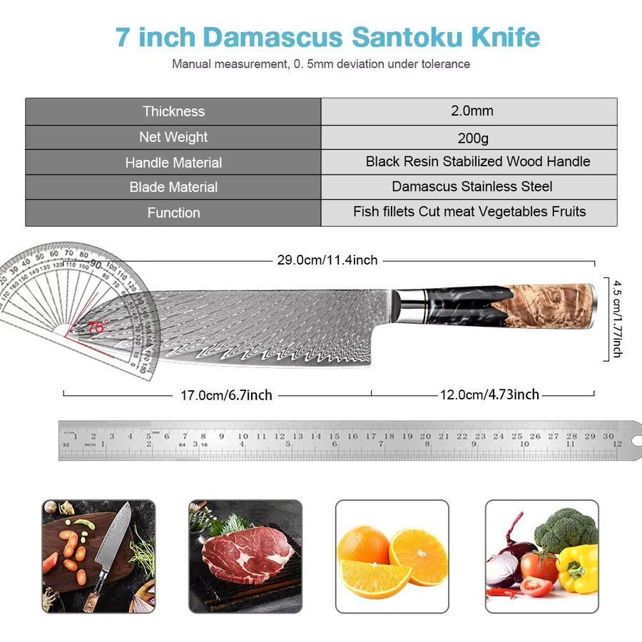 Xituo Santoku Messer aus Damaststahl mit VG10 Klinge und ergonomischem Holzgriff, 17,78 cm - Bild 2