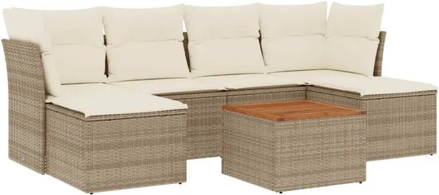 vidaXL 7-tlg. Garten-Sofagarnitur aus Polyrattan in Beige mit Kissen und L-Form für Terrasse und Garten - Bild 1