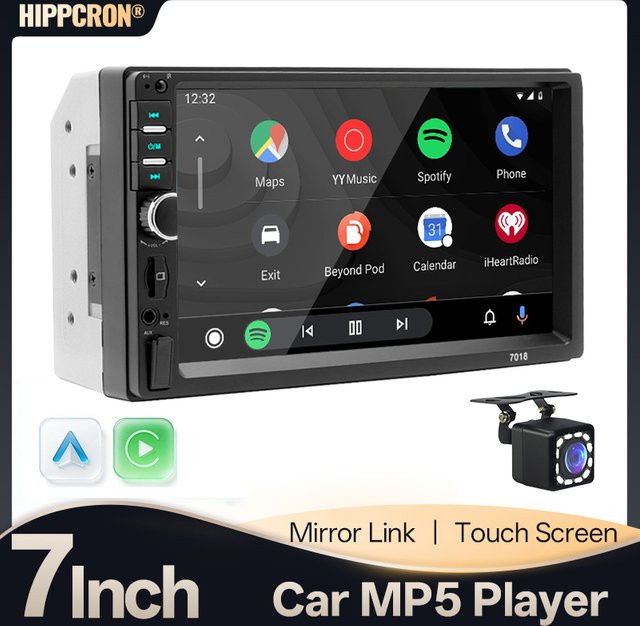 HIPPCRON 2-DIN Autoradio mit 7-Zoll Touchscreen, Bluetooth, CarPlay und Android Auto, MP5 Multimedia-Videoplayer in Schwarz - Bild 1