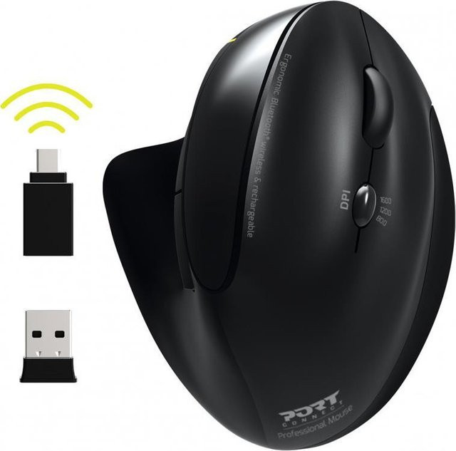 PORT Connect Professional Vertikale Ergonomische Maus von PORT Designs in Schwarz mit 5 Tasten, kabellos via Bluetooth 5.0, Bluetooth 3.0 und 2,4 GHz USB/USB-C-Empfänger für Rechtshänder - Bild 1