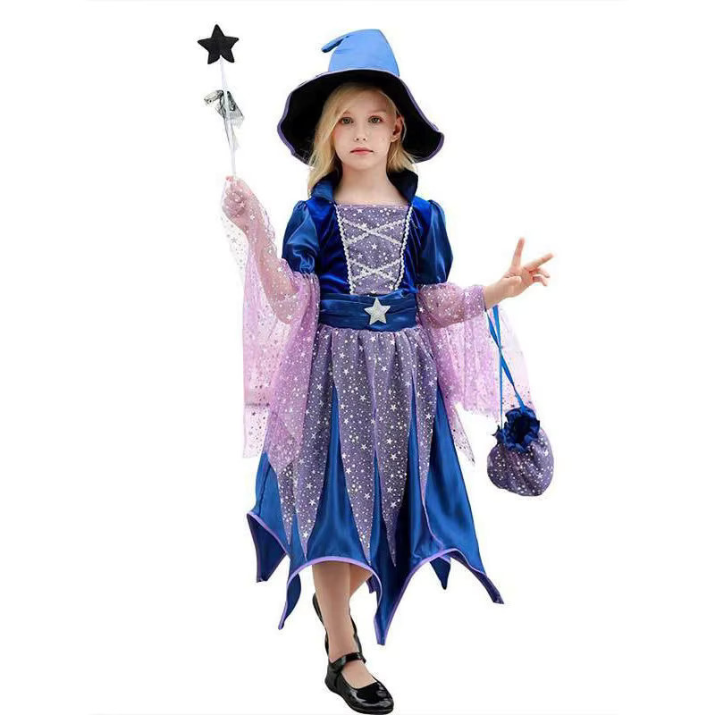 MESOQ Gott Mutter Fee Kleid mit Hexenhut Zauberstab Tasche, 4-teiliges Set, Lila - Bild 2