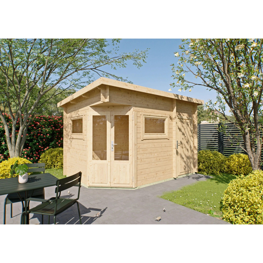 Fjordholz Gartenhaus Modell Leva 2D als 5-Eck Log Cabin in Beige und Transparent mit Fenster und Tür - Bild 2