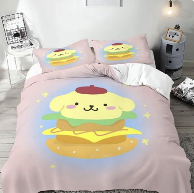 Bettwäsche Set mit Cartoon Pom Pom Purin Anime Motiv aus 100% Polyester in Pink für Kinder, B/H: 135 x 200 cm und 90 x 200 cm - Bild 1