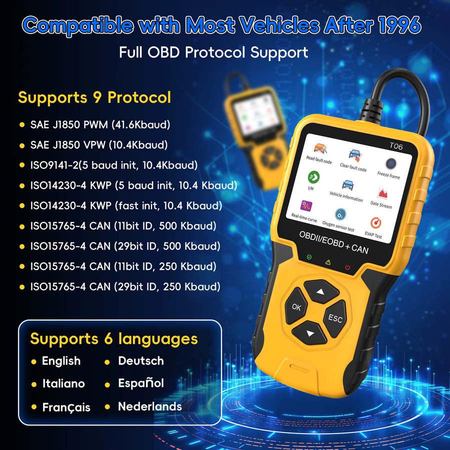 RUOGINSS OBD2-Scanner Diagnosetool in Gelb mit Engine-Codeleser und Fehlercode-Reset für Auto-OBDII/EOBD-Systeme - Bild 6