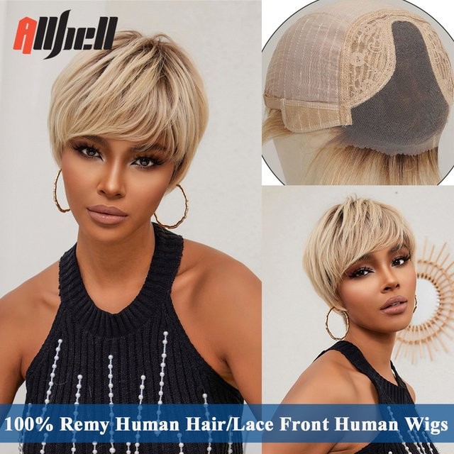 HAIRCUBE Perücke, Blonde Highlight-Lace-Front, 100 % Remy-Echthaar, kurz, Pixie-Schnitt, glatt, Damen - Bild 1