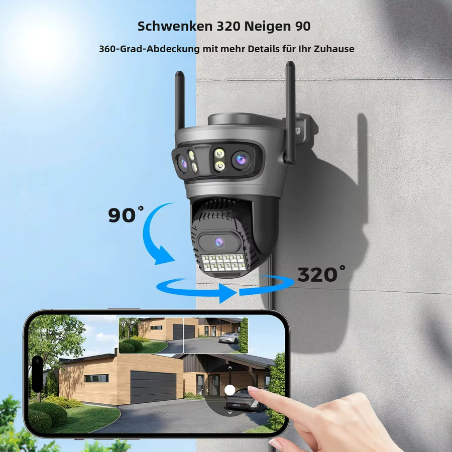 Abuntu 2er Set 8K PTZ WLAN-Sicherheitskamera mit Drei Linsen und Drei Bildschirmen, Außenüberwachungskamera mit Menschenerkennung in Schwarz, 2,4G/5G Wi-Fi, kompatibel mit O-KAM PRO APP - Bild 2