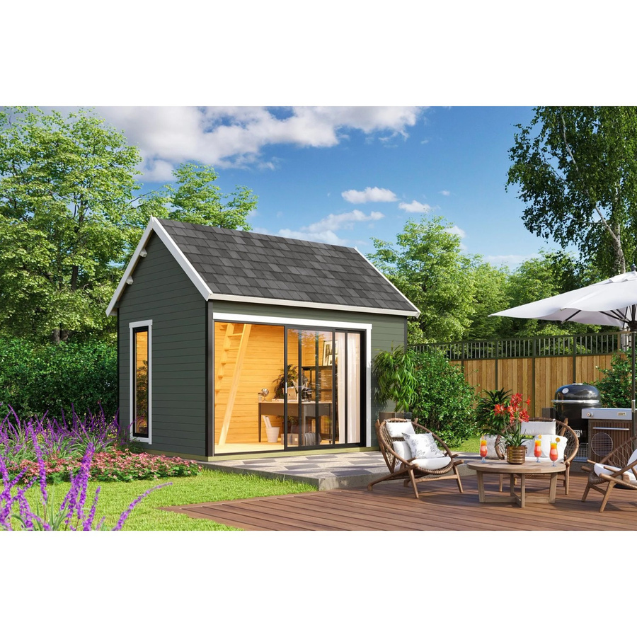 Lasita Gartenhaus Murano Maja mit Satteldach in Grau-Grün, B/H/T: 430 x 364,8 x 336,1 cm - Bild 2