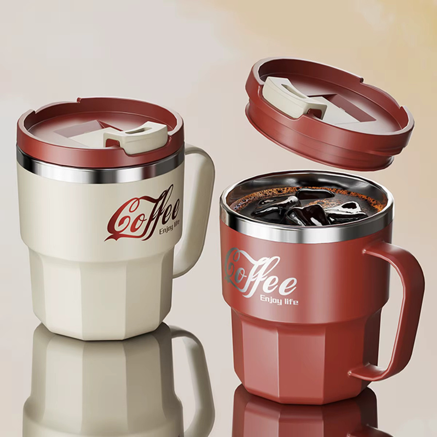 WORTHBUY Edelstahl Kaffeetasse mit Deckel und Griff, isoliertes Doppelwand-Trinkgeschirr, 440 ml - Bild 2
