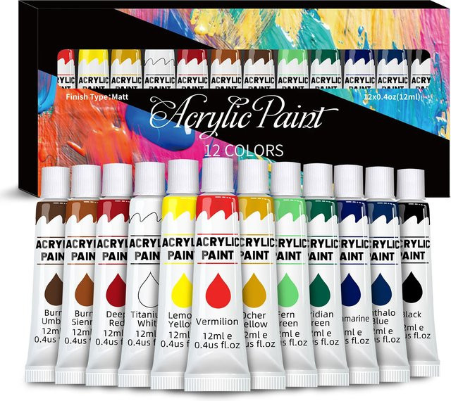 Acrylfarben-Set mit 12 Farben in Multicolour, 12 ml pro Tube, ungiftiges Kunst-Malset für Holz, Leinwand, Stoff, Stein und Glas - Bild 1