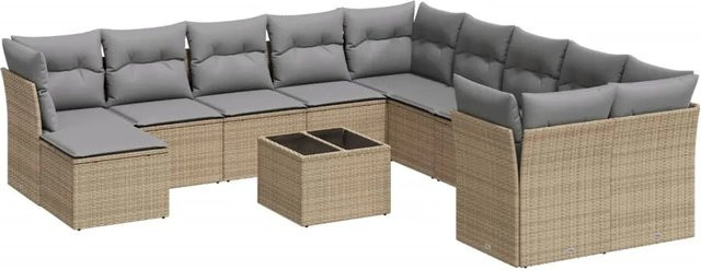vidaXL 12-teilige Garten-Sofagarnitur in L-Form aus Poly-Rattan und Metall mit Kissen in Beige-Grau - Bild 1