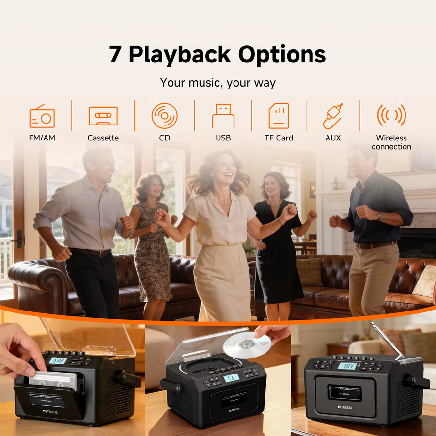 RETEKESS TR642 Multifunktionale Bluetooth Boombox in Schwarz mit CD-Player, Kassettenrekorder, USB, TF, AUX sowie AM/FM Radio - Bild 3