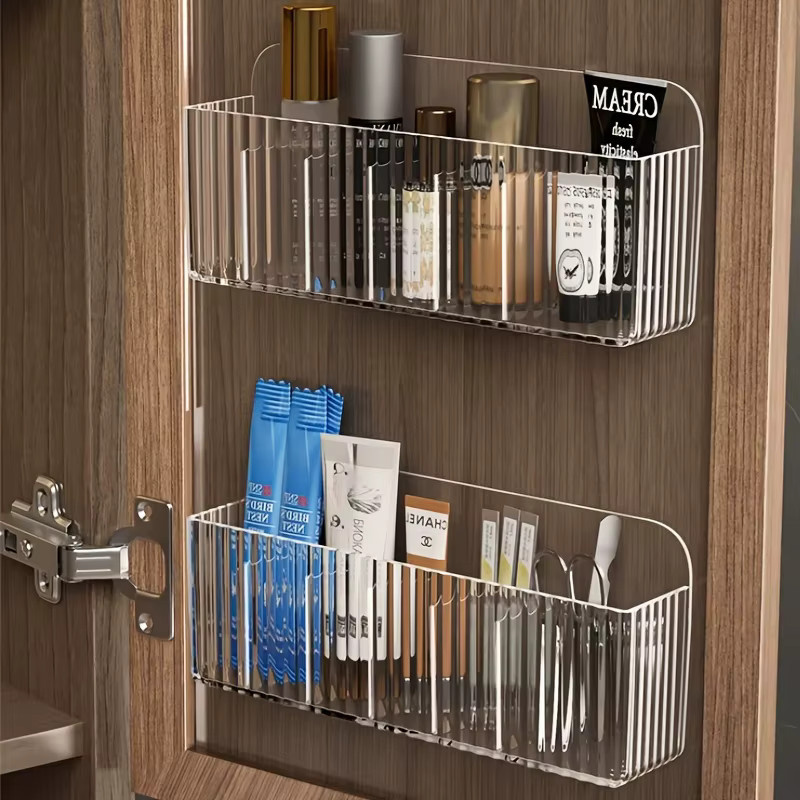 Transparente Wandmontierte Aufbewahrungsbox aus Kunststoff mit Mehreren Fächern zur Selbstklebenden Wandmontage für Kosmetik, Handy und Fernbedienung - Bild 1