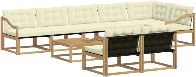 vidaXL Outdoor-Sofagarnitur 9-teilig in L-Form aus Akazienholz und Textilene, Weiß und Beige, B/T/H: 79 x 79 x 37 cm - Bild 1