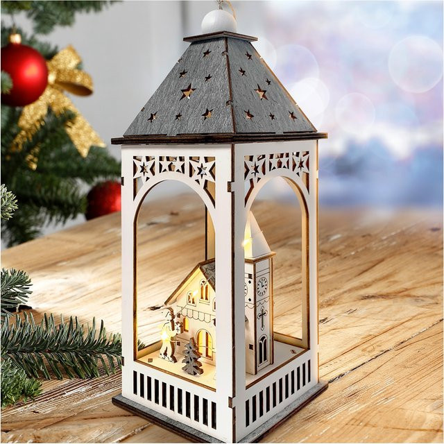 HTI-Living Weihnachtslaterne beleuchtet mit Kirche in Weiß aus Holz zum Aufhängen - Bild 1