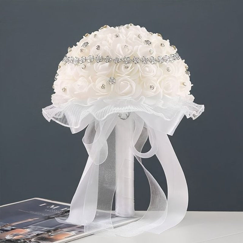Künstlicher Blumenstrauß in Weiß mit Rosen für deine Hochzeit und romantische Anlässe - Bild 1