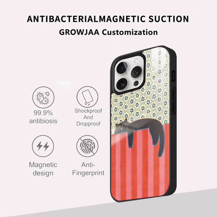 Handyhülle mit schwarzer liegender Katze und roten Streifen für Apple iPhone 11 bis 17 Pro Max Plus Mini, kompatibel mit Wireless Magnetic Case, Farbe: Schwarz/Rot - Bild 2