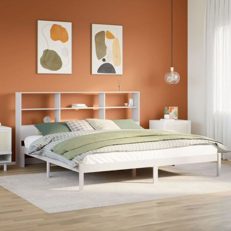 Massivholzbett Vidaxl aus Kiefer mit Regal in Weiß, B/T/H: 180 x 200 x 110 cm - Bild 1