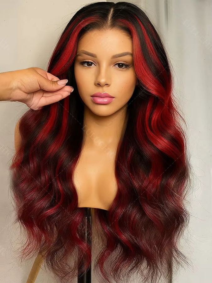 Wig Queen Lace Front Perücke, Echthaar Brasilianisch, Ombre Schwarz mit rotem Highlight, Unisex - Bild 6