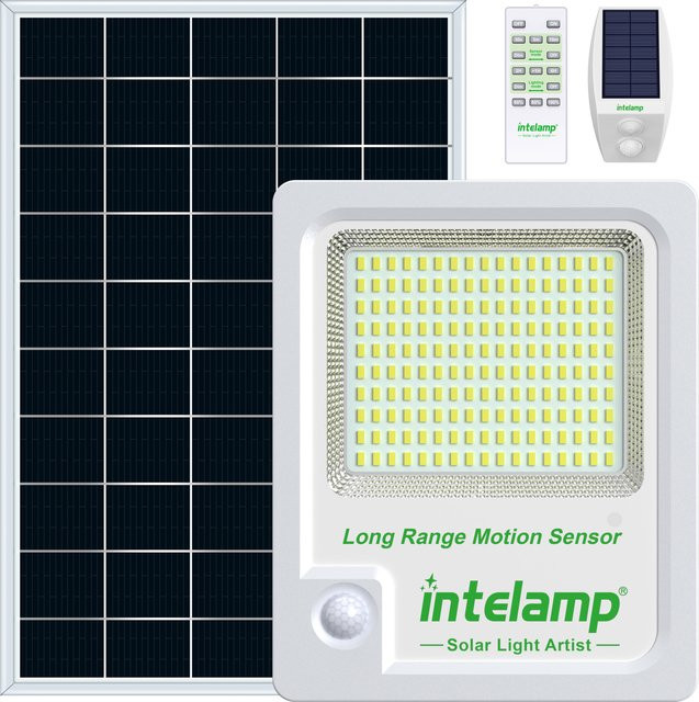 intelamp Solar-Flutlicht mit Bewegungsmelder und 3000LM, wasserdichte Solarlampe in Weiß für Garten, Wand und Hof, 12000 mAh - Bild 1