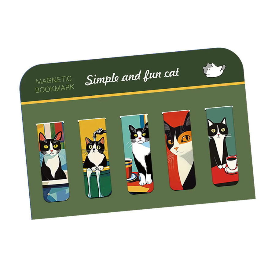 5er Set Magnetische Lesezeichen mit Katzen-Motiv in Schwarz und Weiß für Papier und Bücher - Bild 2